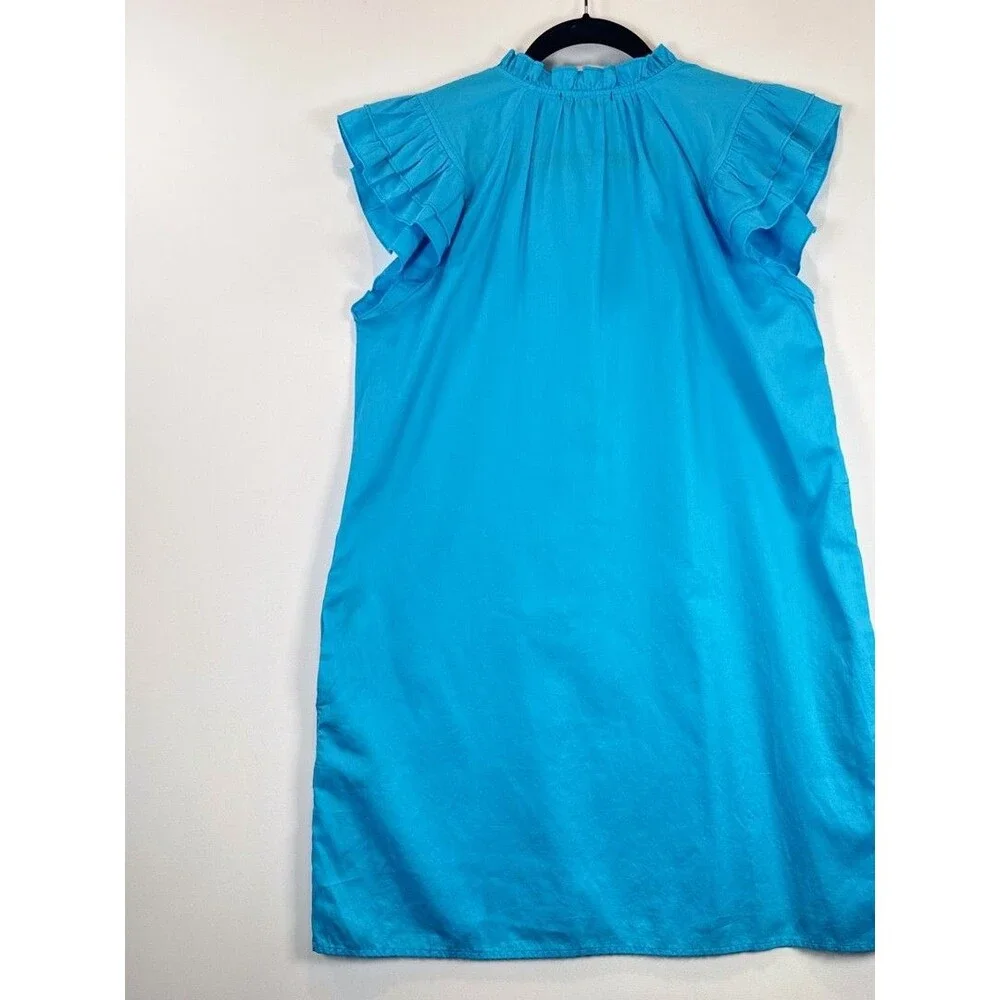 Stark X Mini Dress Blue Dreamy Tunic Flutter Sleeve Shift Split Neck Relaxed XS